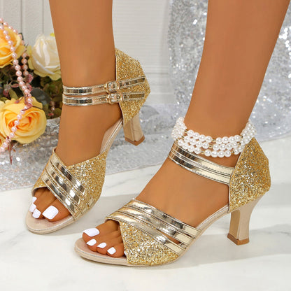 Women's Glitter Ankle Strap Block Heel Sandals