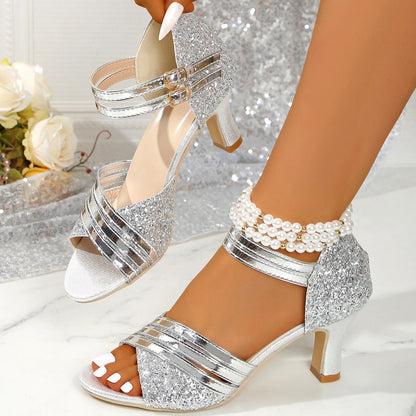 Women's Glitter Ankle Strap Block Heel Sandals