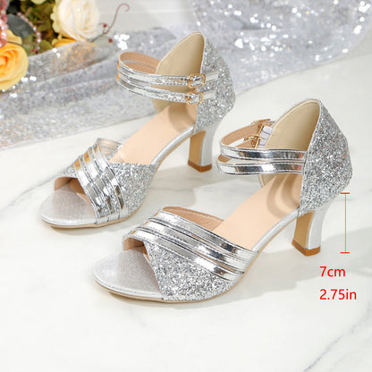 Women's Glitter Ankle Strap Block Heel Sandals