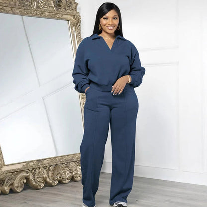 Women's Collared Top and Pants Set
