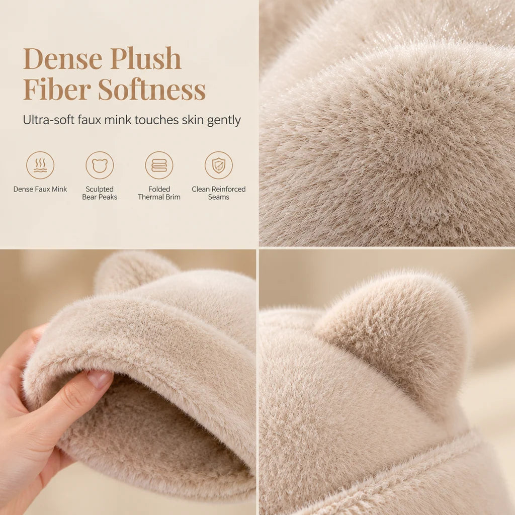 Women's Plush Bear-Ear Beanie Hat