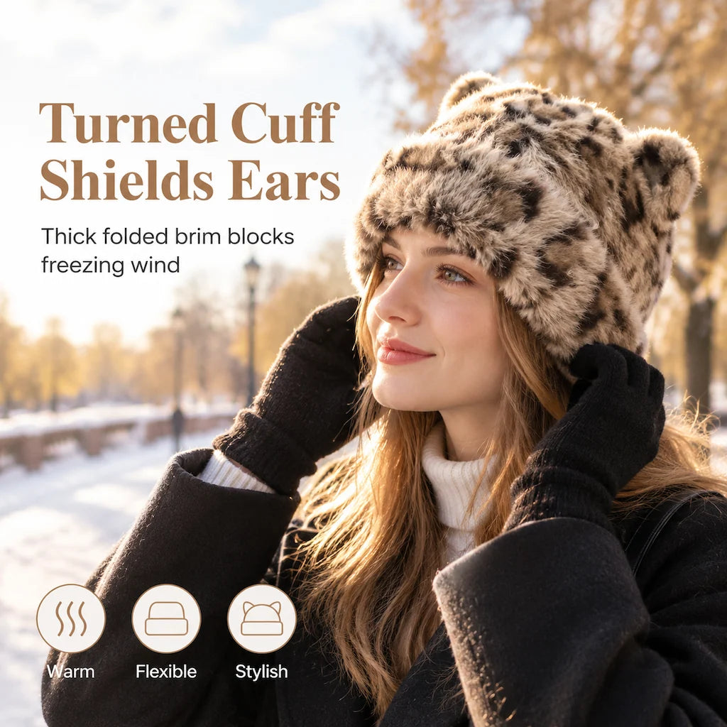 Women's Plush Bear-Ear Beanie Hat