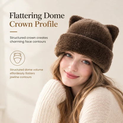 Women's Plush Bear-Ear Beanie Hat