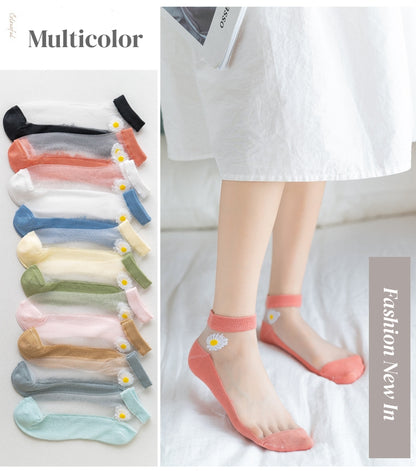 Women's Low-Cut Mesh Socks with Daisy Detail – 6 Pairs