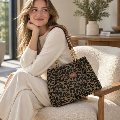 Women's Leopard Print Tote Bag with Chain Handles
