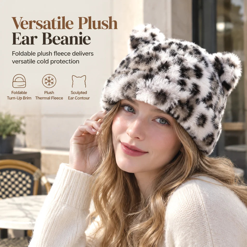 Women's Plush Bear-Ear Beanie Hat