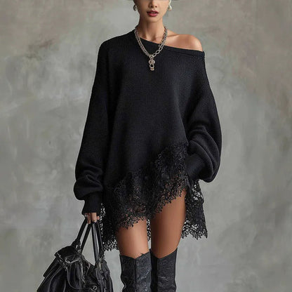 Women's Off-Shoulder Sweater Dress with Lace Trim