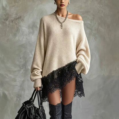 Women's Off-Shoulder Sweater Dress with Lace Trim