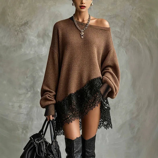 Women's Off-Shoulder Sweater Dress with Lace Trim