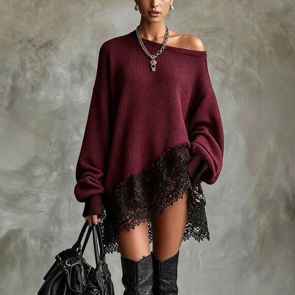 Women's Off-Shoulder Sweater Dress with Lace Trim