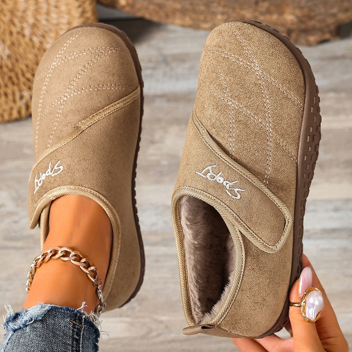 Women's Plush-Lined Winter Mules with Adjustable Straps