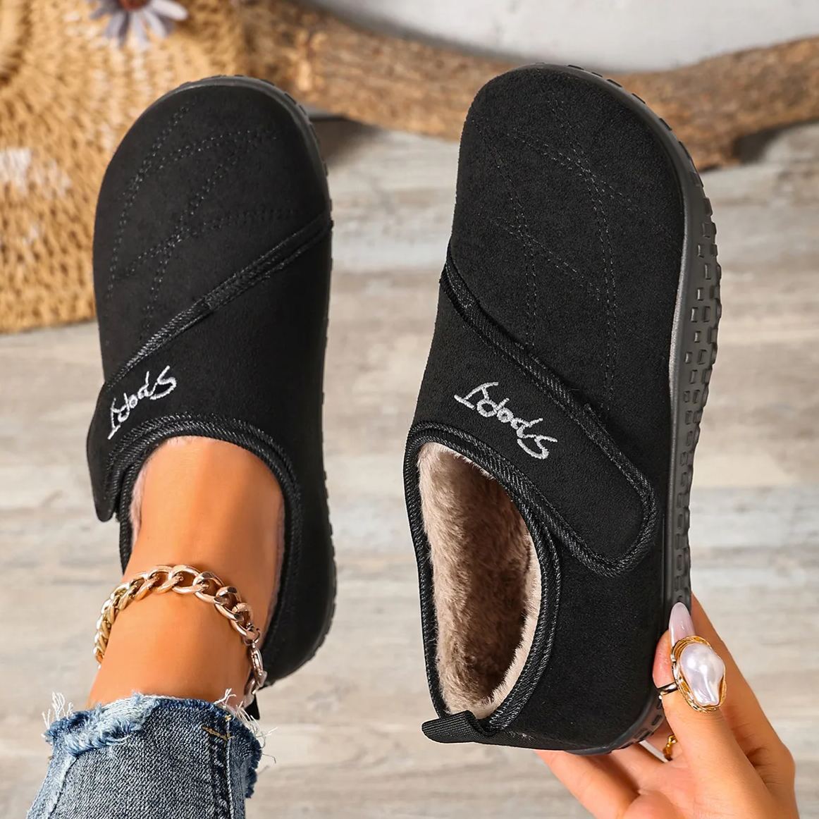 Women's Plush-Lined Winter Mules with Adjustable Straps