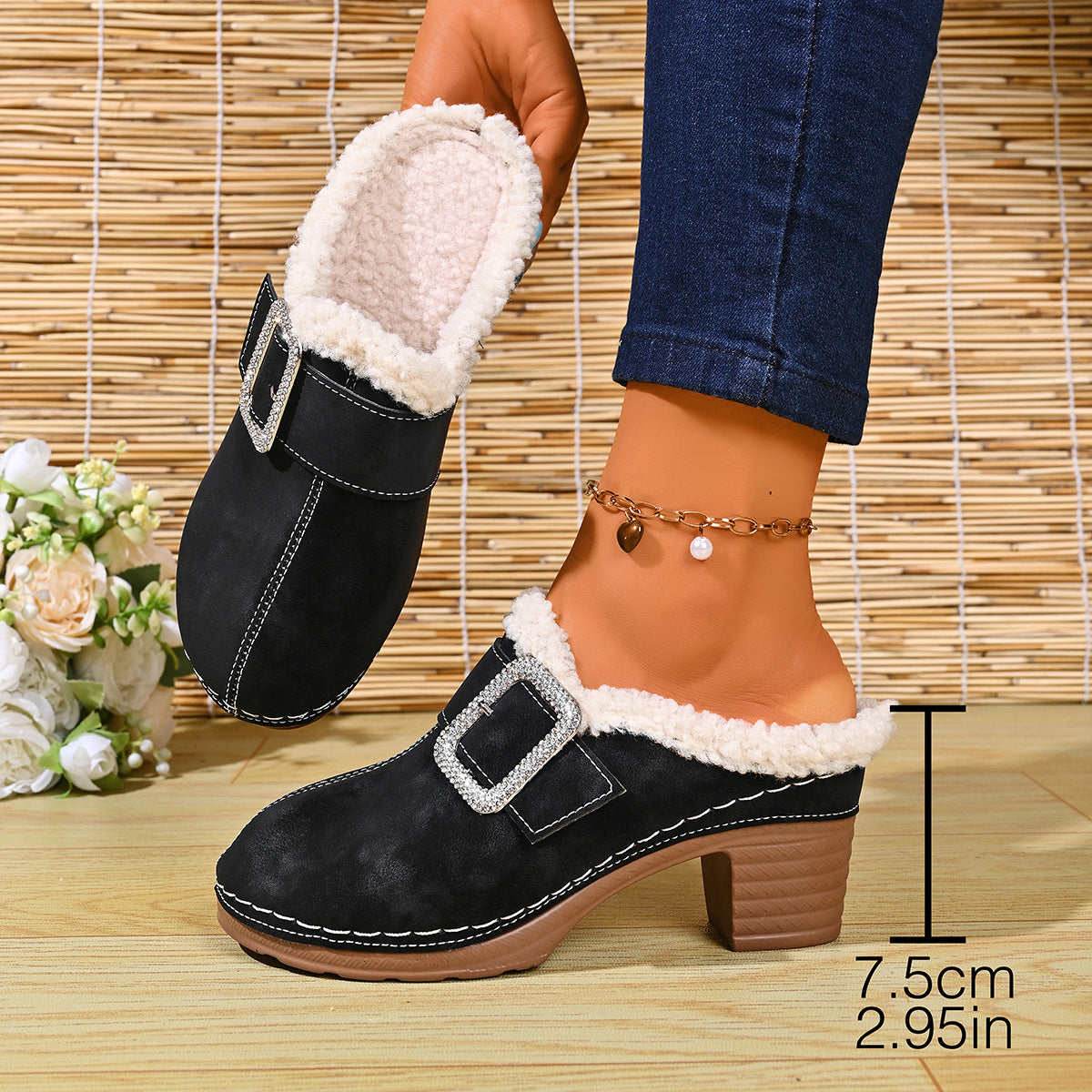 Women's Buckle Detail Heeled Mule Shoes