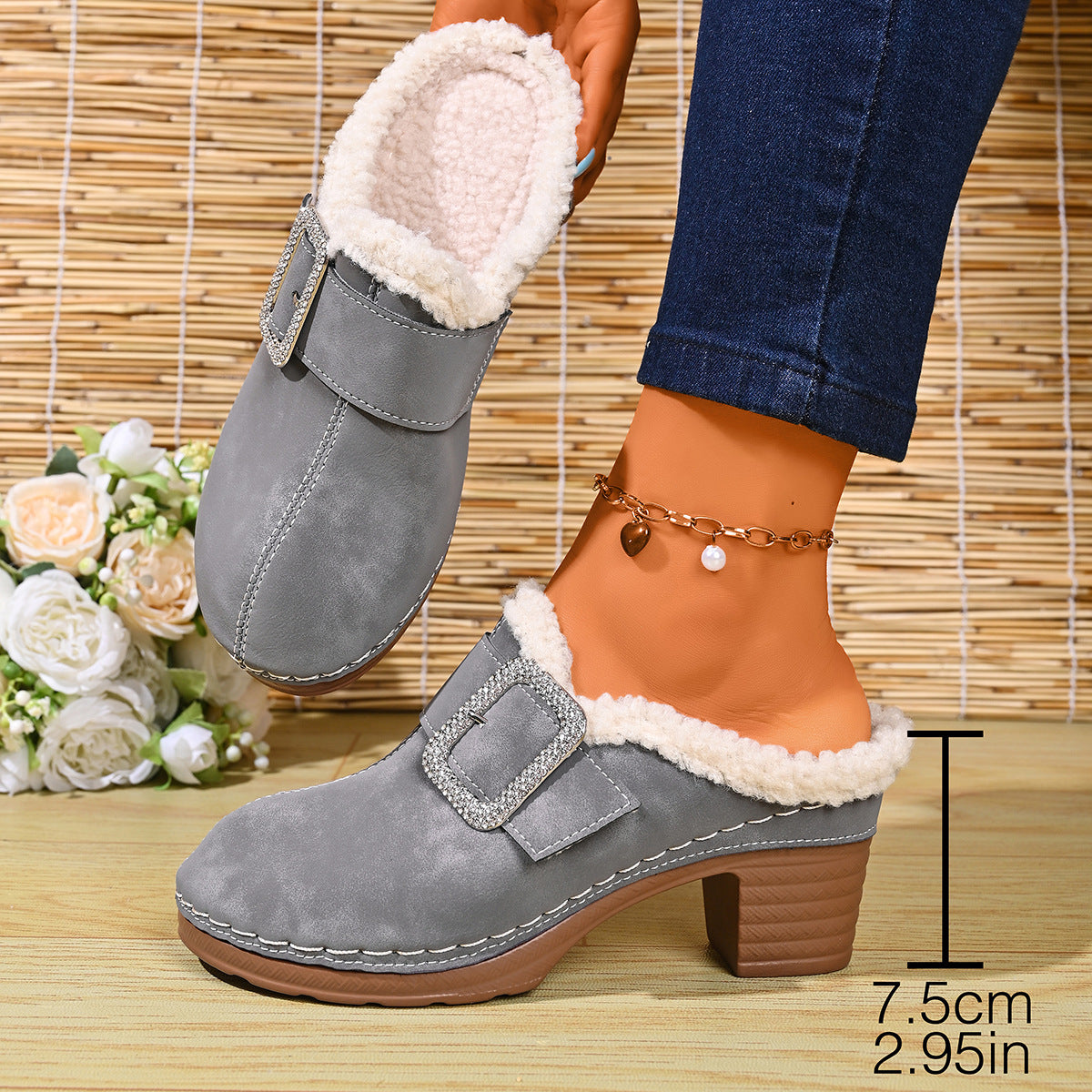 Women's Buckle Detail Heeled Mule Shoes