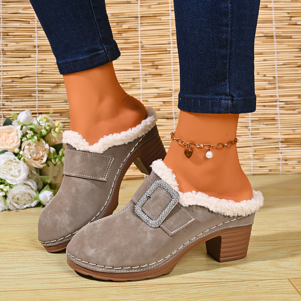Women's Buckle Detail Heeled Mule Shoes