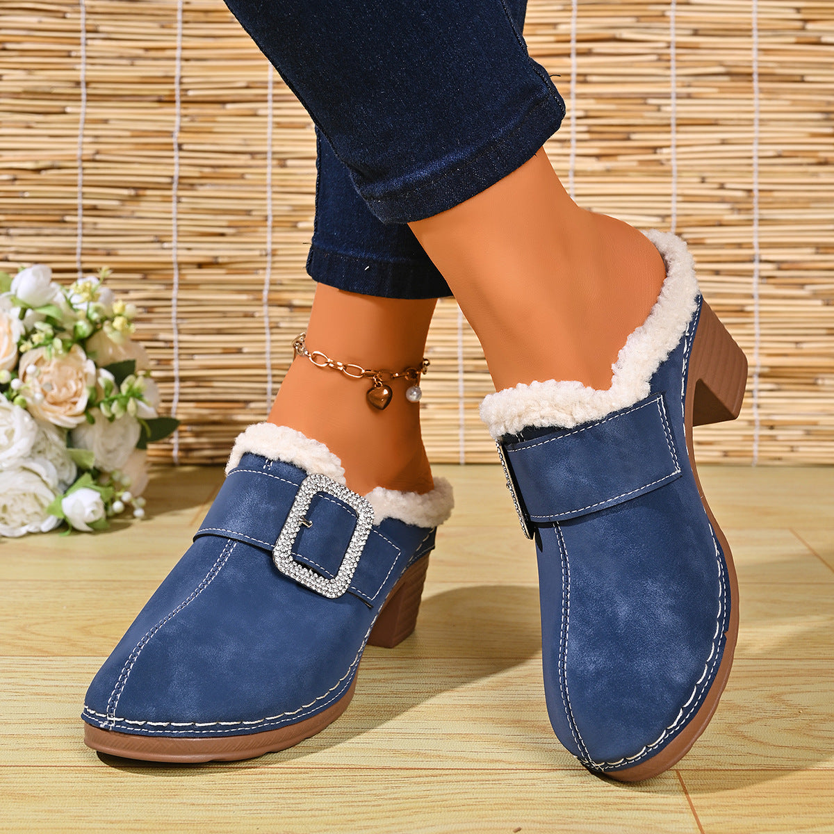 Women's Buckle Detail Heeled Mule Shoes