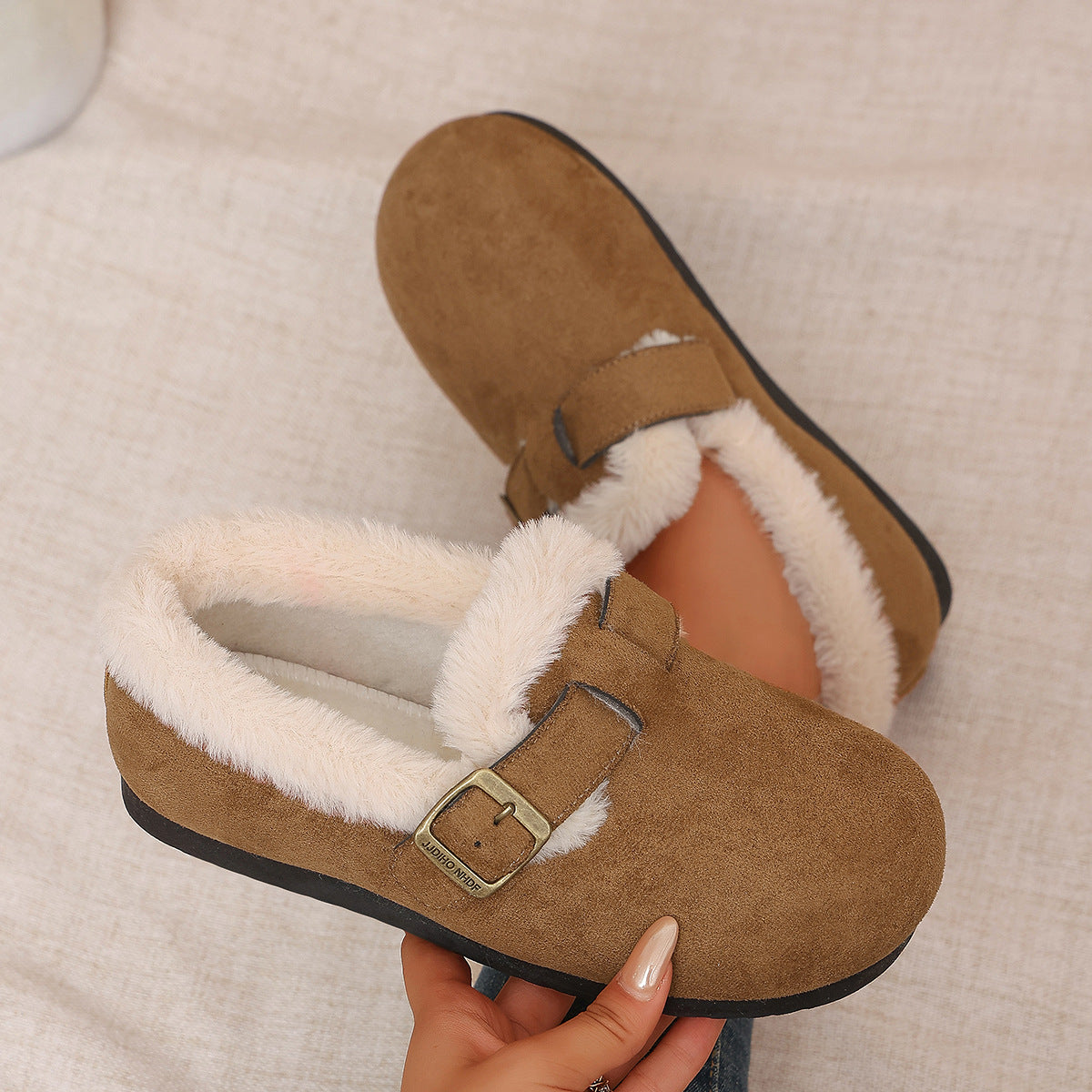 Women's Faux Fur Buckle Slip-On Shoes