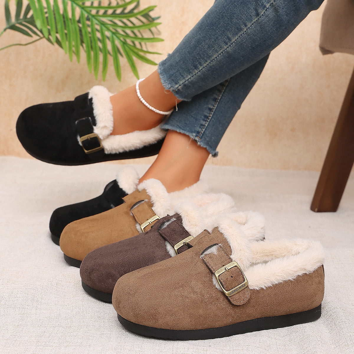 Women's Faux Fur Buckle Slip-On Shoes