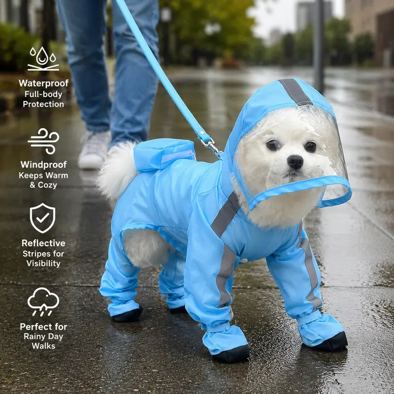 Full-Coverage Dog Raincoat with Hood and Boots