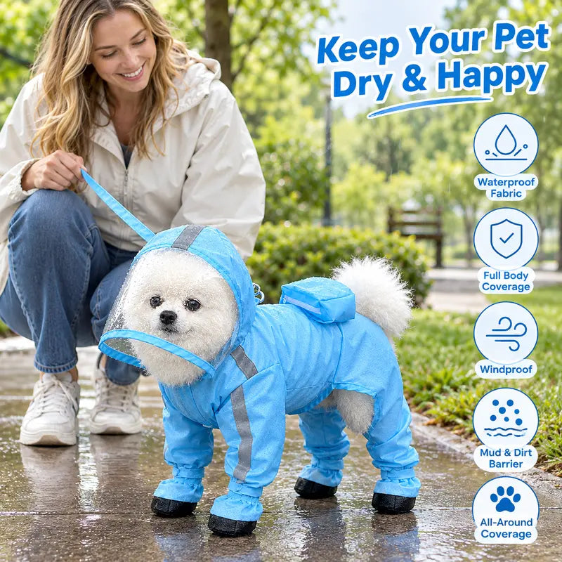 Full-Coverage Dog Raincoat with Hood and Boots