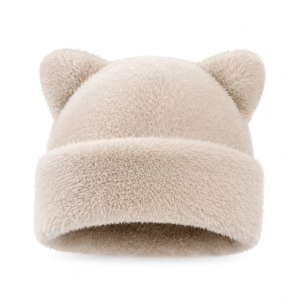 Women's Plush Bear-Ear Beanie Hat