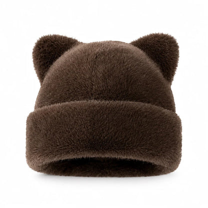 Women's Plush Bear-Ear Beanie Hat