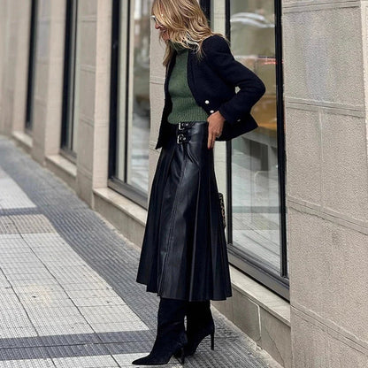 Women's Pleated Skirt with Side Buckle Details