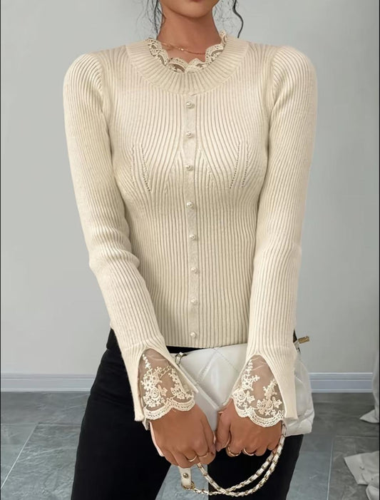 Women’s Lace & Pearl V-Neck Sweater