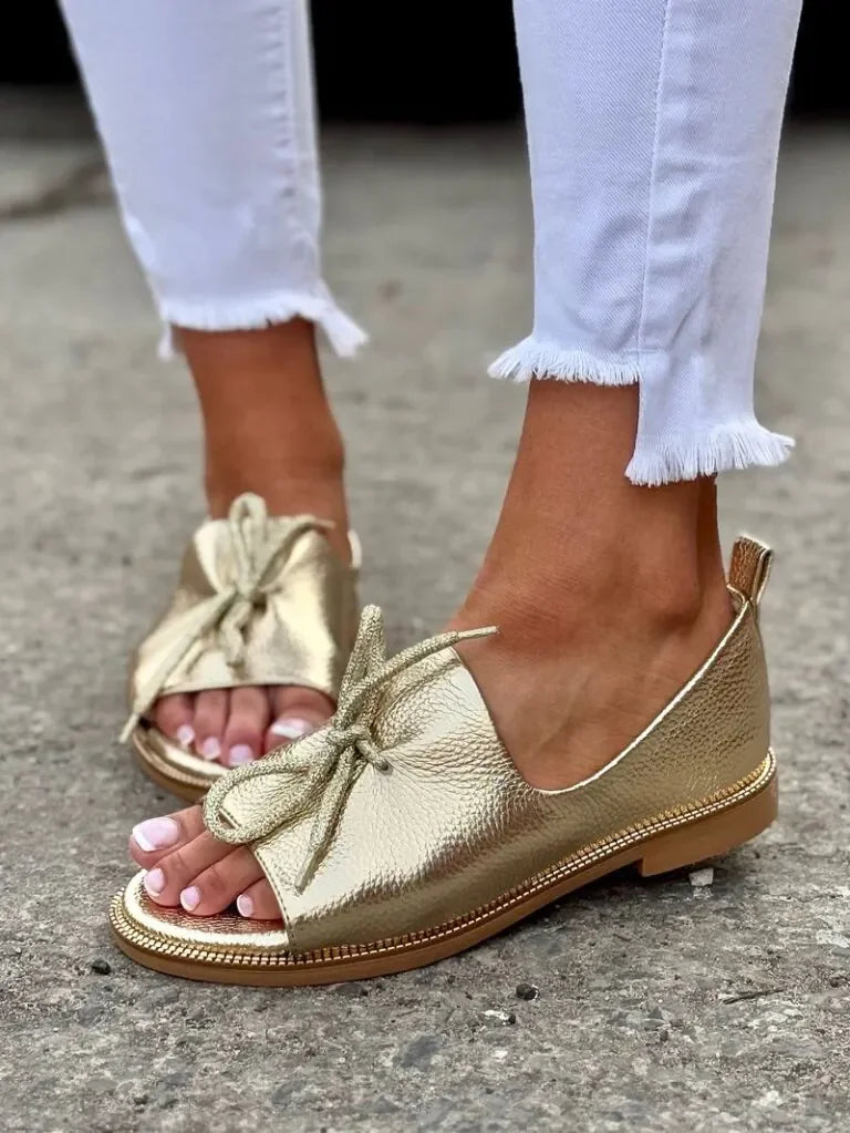 Women's Bow Accent Open-Toe Slip-On Flats
