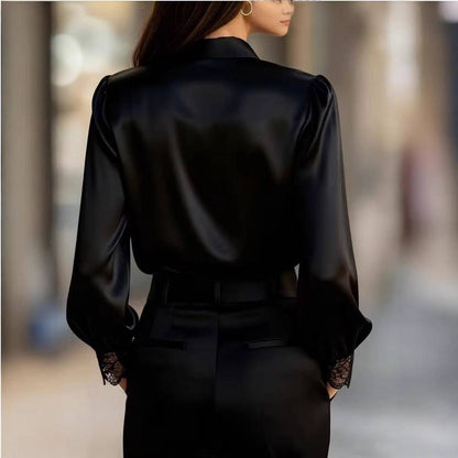 Women's Lace Trim V-Neck Satin Blouse
