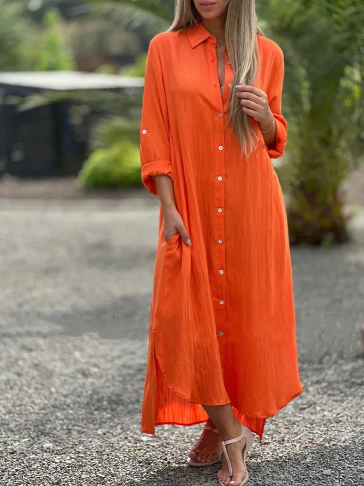 Women's Button-Front Long Sleeve Shirt Dress
