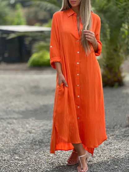 Women's Button-Front Long Sleeve Shirt Dress
