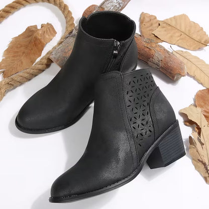 Women's Perforated Ankle Boots with Chunky Heel
