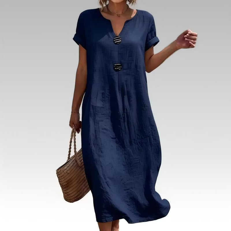 Women's Button-Front Short Sleeve Midi Dress
