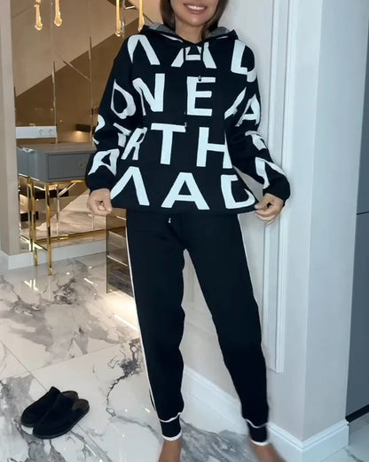 Women's Letter Print Hooded Two-Piece Set