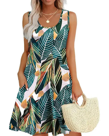 Women's Sleeveless Leaf Print Swing Dress