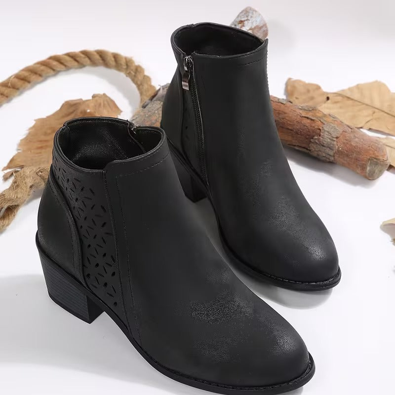 Women's Perforated Ankle Boots with Chunky Heel