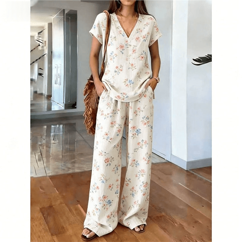 Women's Printed V-Neck Two-Piece Lounge Set