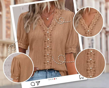 Women’s Lace Patchwork V-Neck Puff-Sleeve Blouse