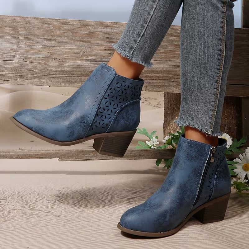 Women's Perforated Ankle Boots with Chunky Heel