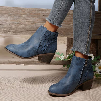 Women's Perforated Ankle Boots with Chunky Heel