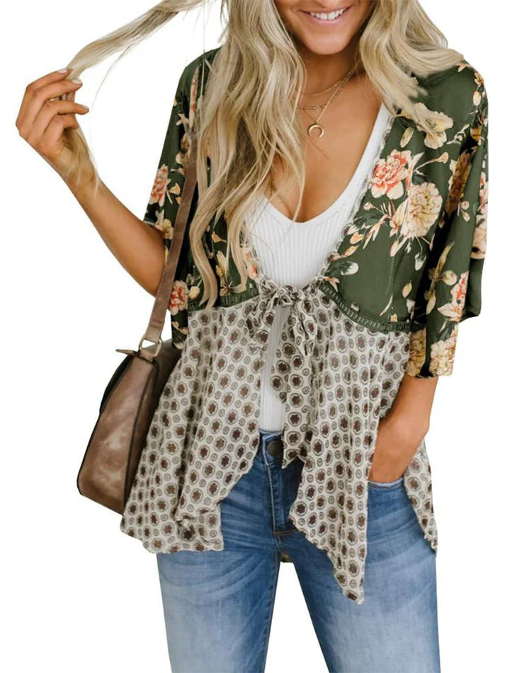 Women's Floral Patchwork Tie-Front Boho Cardigan