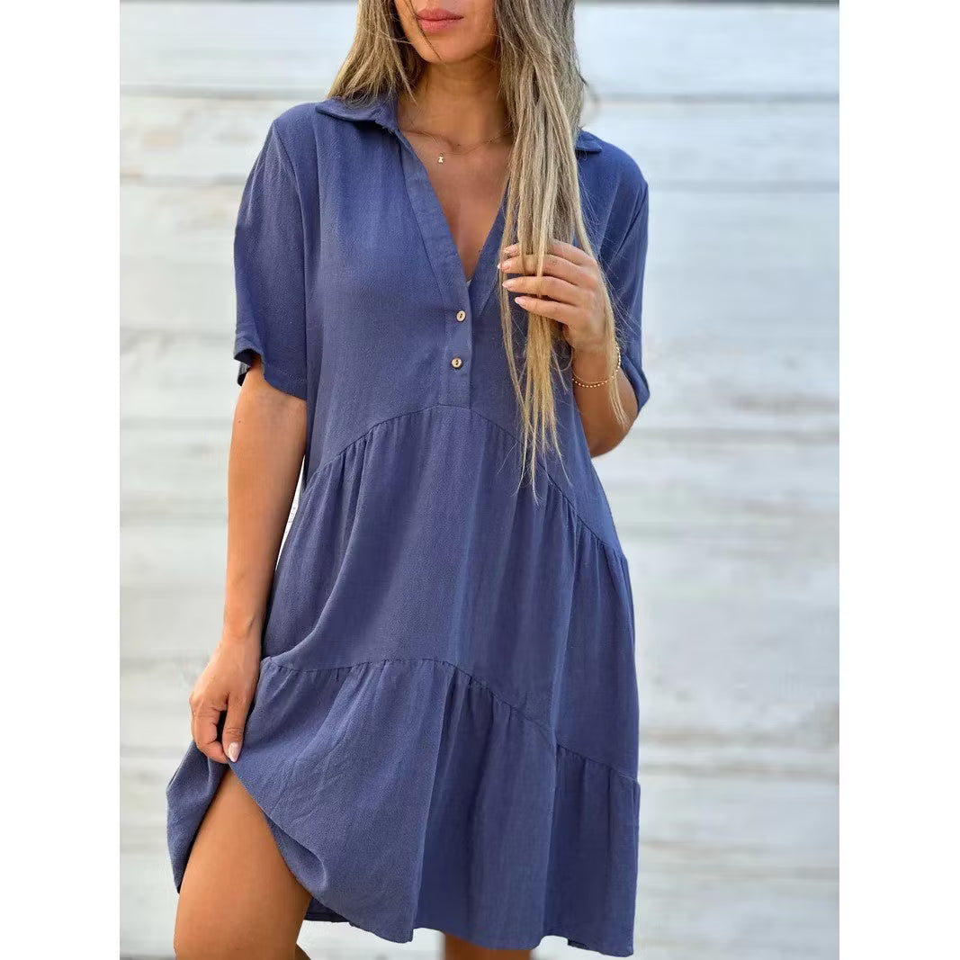 Women's Button-Front Collared Tiered Dress