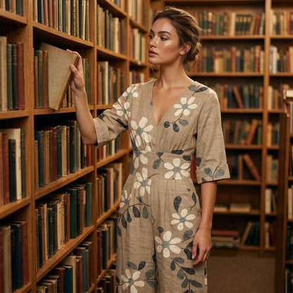 Women's Elegant V-Neck Printed Jumpsuit