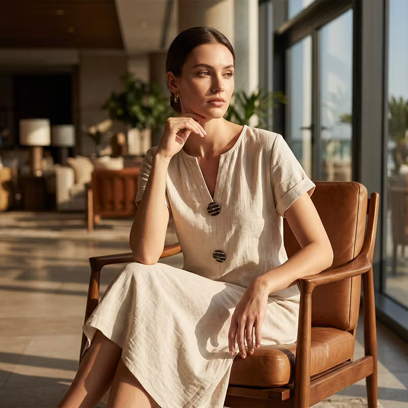 Women's Button-Front Short Sleeve Midi Dress