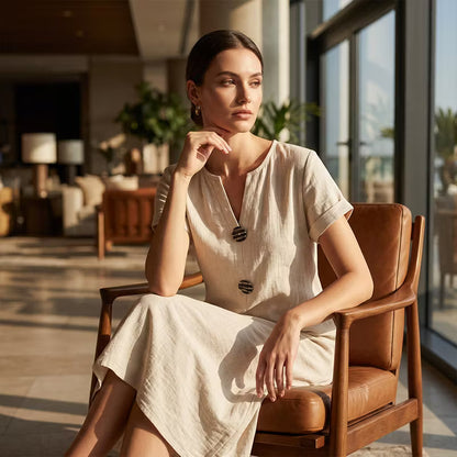 Women's Button-Front Short Sleeve Midi Dress