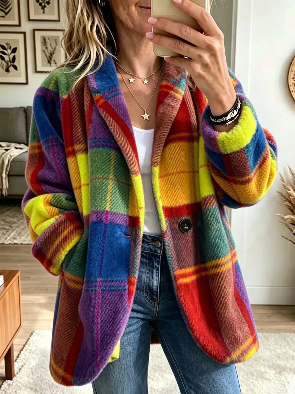 Women's Mixed-Color Plaid Lapel Coat