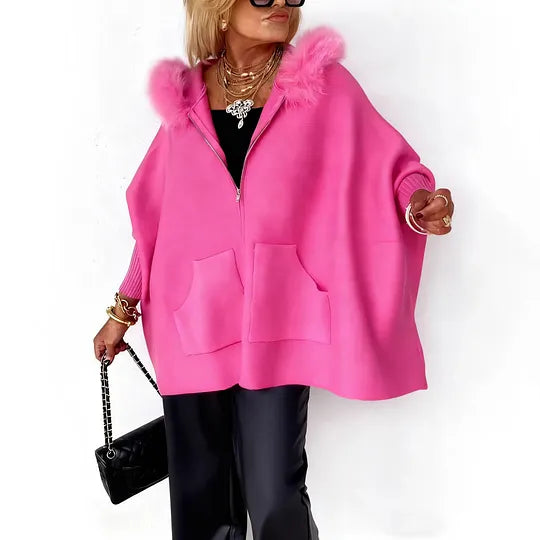 Women's Knit Zip-Up Jacket With Faux Fur Trim