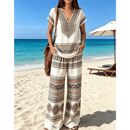 Women's Printed V-Neck Two-Piece Lounge Set