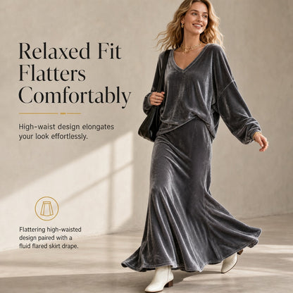 Women's Velvet V-Neck Top and Skirt Set